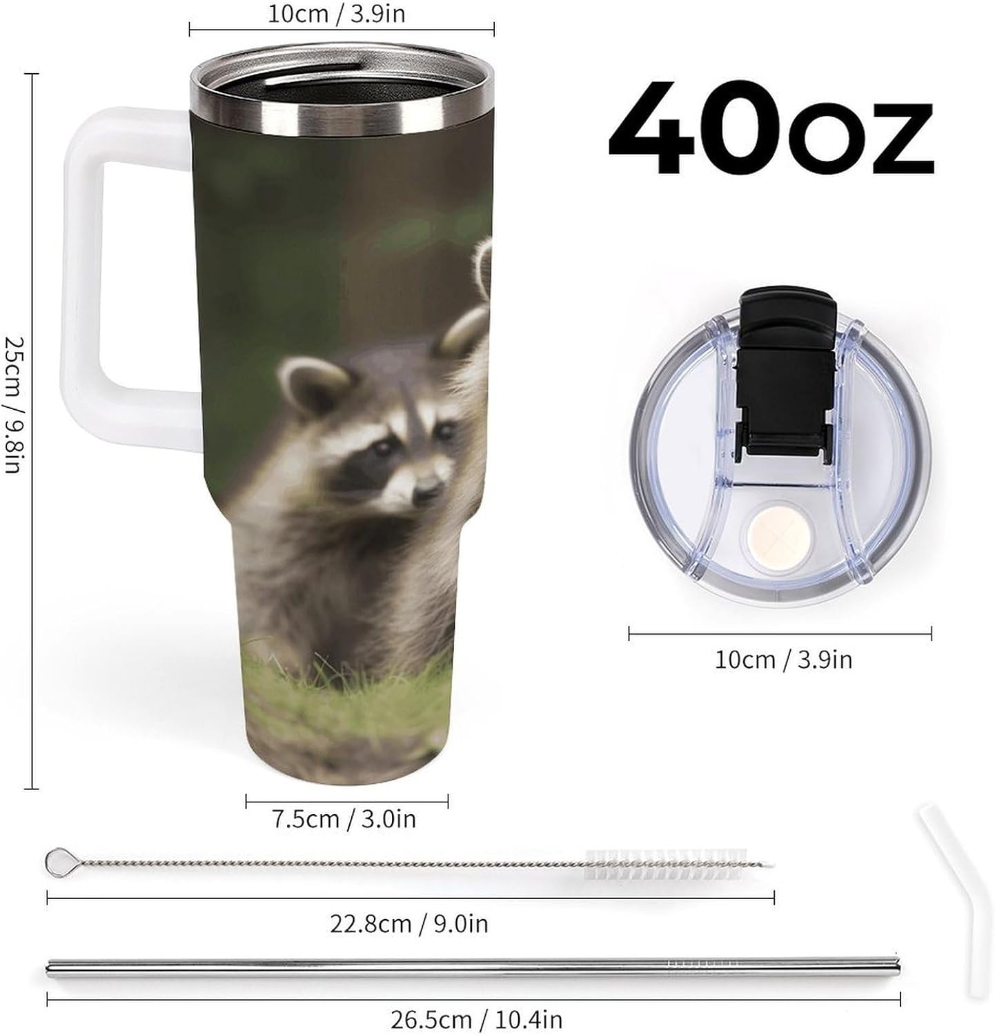 40 Oz Insulated Mug with Handle, Stainless Steel Cute Raccoon Printed Travel Mug Portable Leak-proof Large Car Mug for Home, Office Or Car