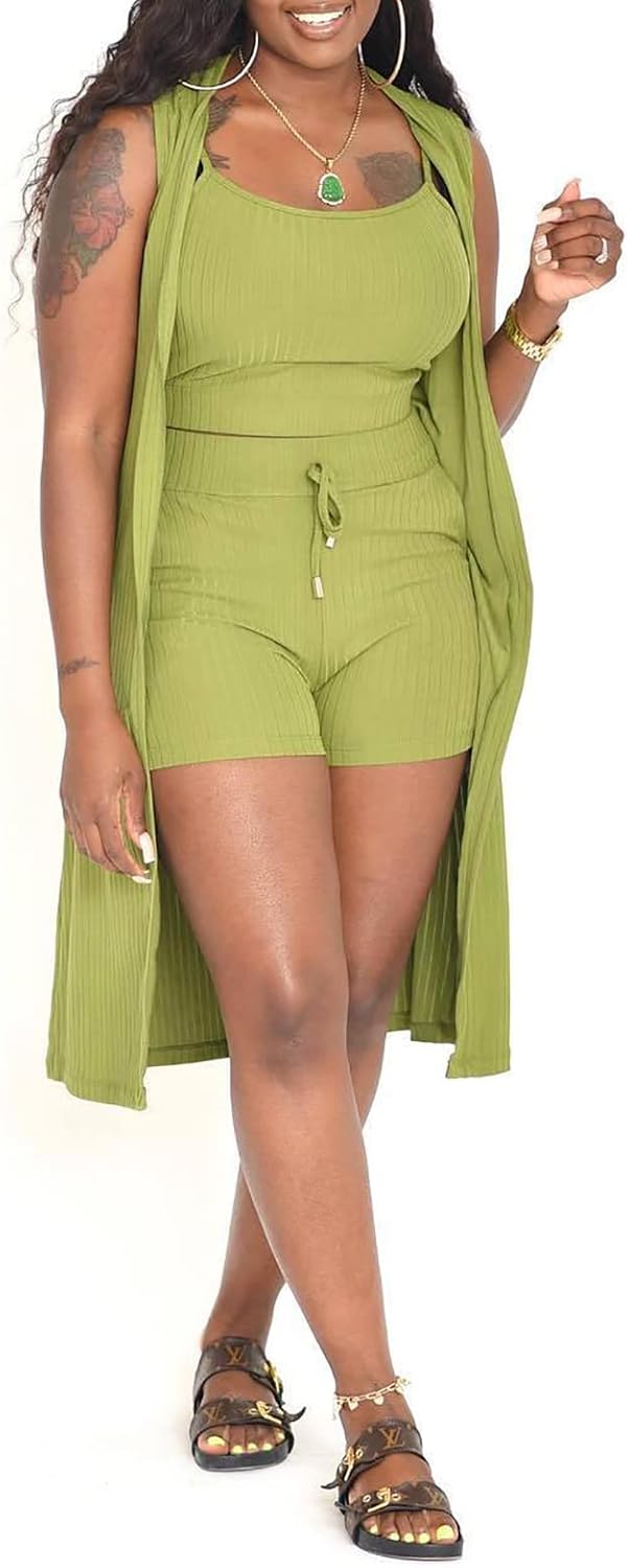 Vssjavun Women’s 3-Piece Ribbed Lounge Set: Sleeveless Long Cardigan, Crop Tank Top, and Bodycon Shorts