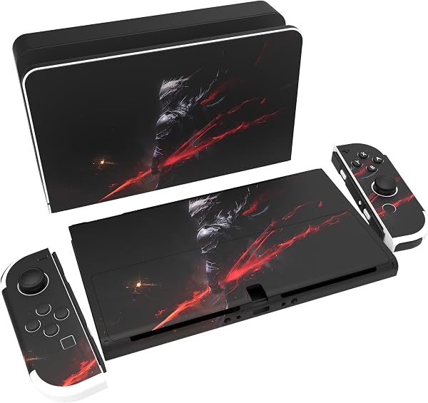 playvital Full Set Protective Stickers for Nintendo Switch OLED Model, Customized Vinyl Decal Skins for Switch OLED Console & Joycon & Dock & Grip - Abyss Knight