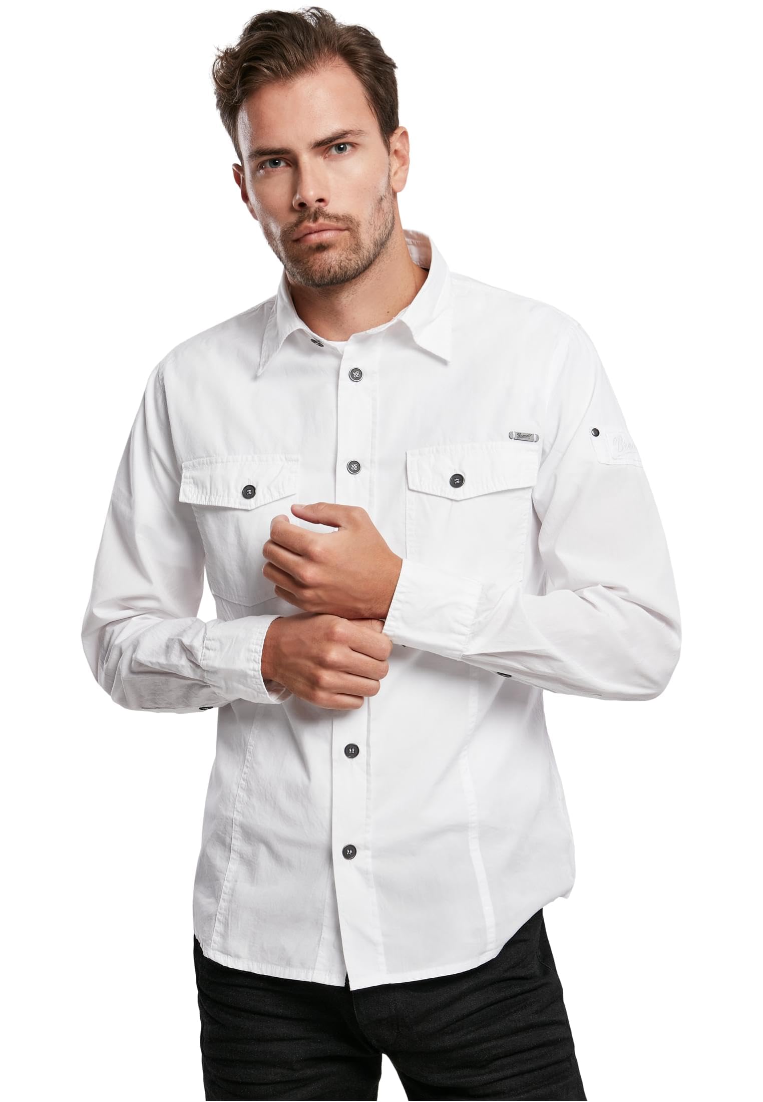 Brandit Camisa Ajustada Hombre Manga Larga Negro Labelpatch, Stickerei Estrechos