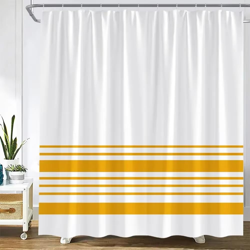 KELAIMI Simple Striped Print Shower Curtain - Modern Geometric Horizontal Stripe Bathroom Curtain with Hooks - Boho Line Bath Curtain with Hooks Orange 180X210Cm