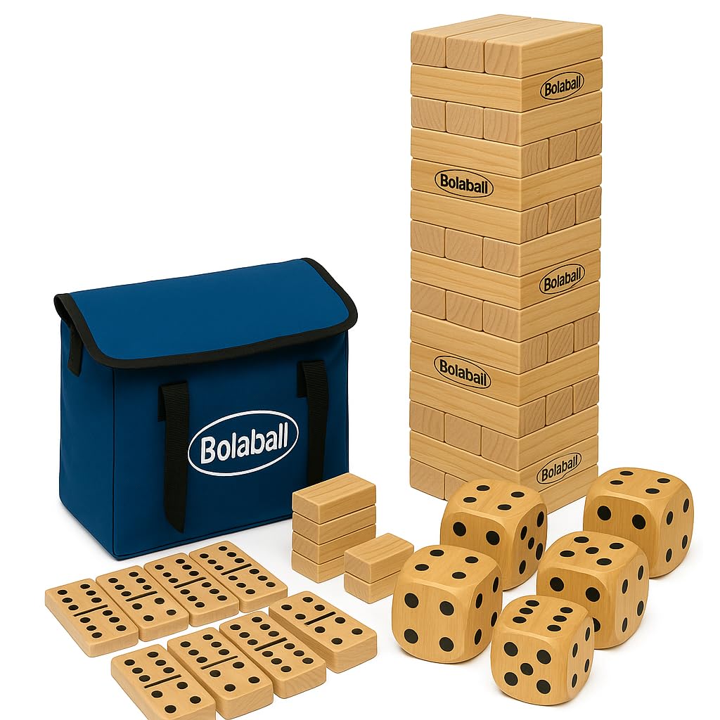 Outdoor Game Set Including 45 Giant Tumbling Blocks, 28 Giant Dominoes, and 6 Giant Dice, Giant Outdoor Games for Family Fun, Set of 3, Classic Block Giant Outdoor Game for Adults