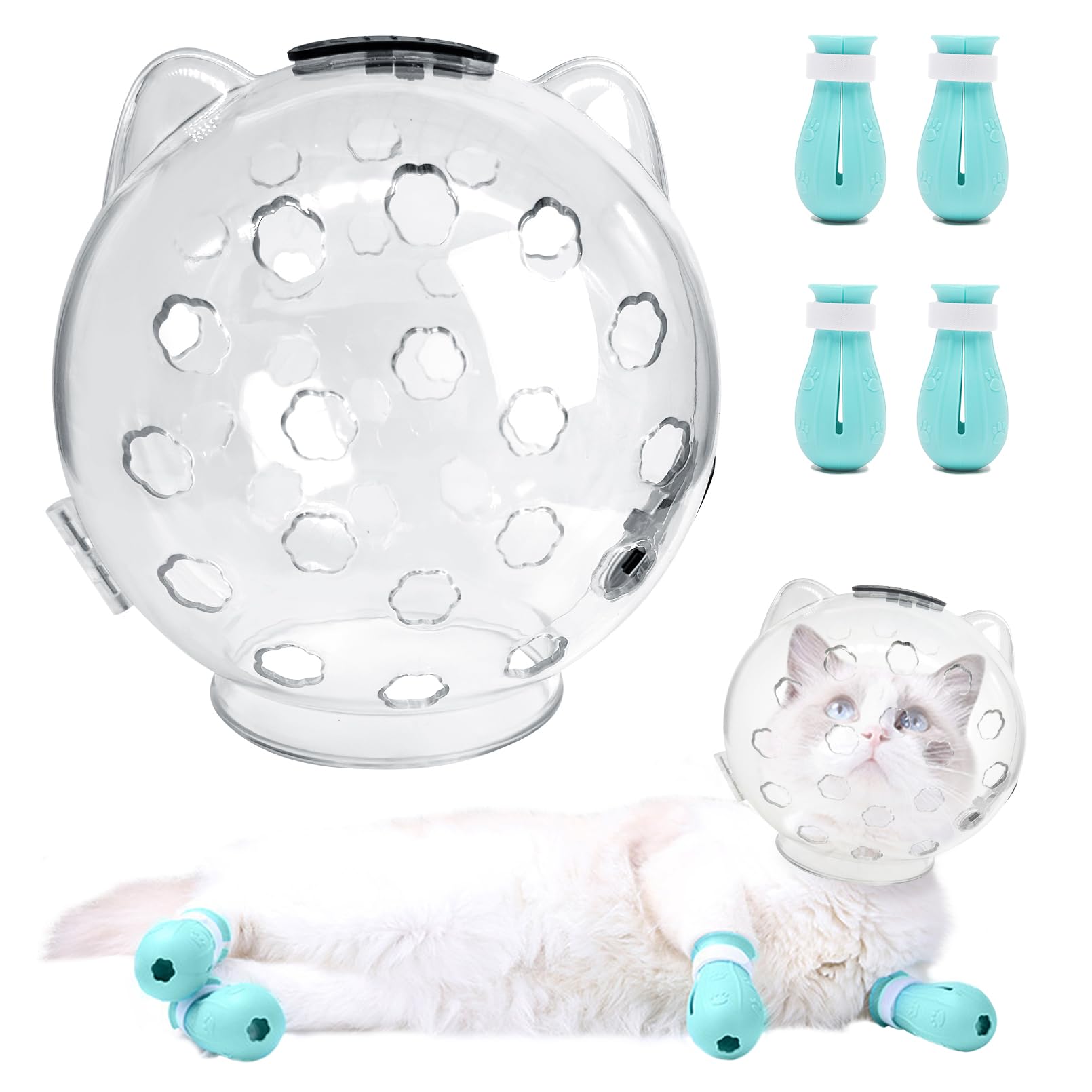 Fhiny Cat Muzzle,Transparent Helmet with 4 Boots Adjustable Breathable Kitty Hood Anti Bite Bubble Astronaut Mask Silicone Claw Covers for Cats Bathing Shaving Grooming (Small)