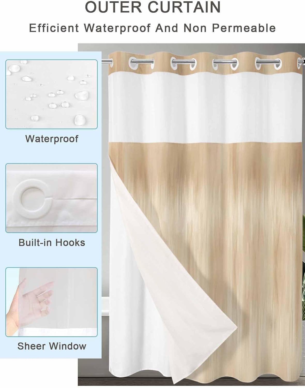 No Hook Shower Curtains with Snap-in Liner Set, Orange Brown Waterproof Hotel Style Bathroom Shower Curtain, Modern Abstract Art Ombre Striped Breathable Mesh Top Window Bath Curtains 66''x72''
