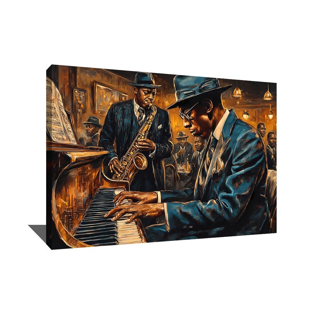 Alessio Cacciatore Quadro Jazzmann - Poster decorativo da parete musicale - Stampa su tela africana - Quadro sassofonista - Decorazione da parete bar - Tela moderna Design Soggiorno (60 x 40 cm)