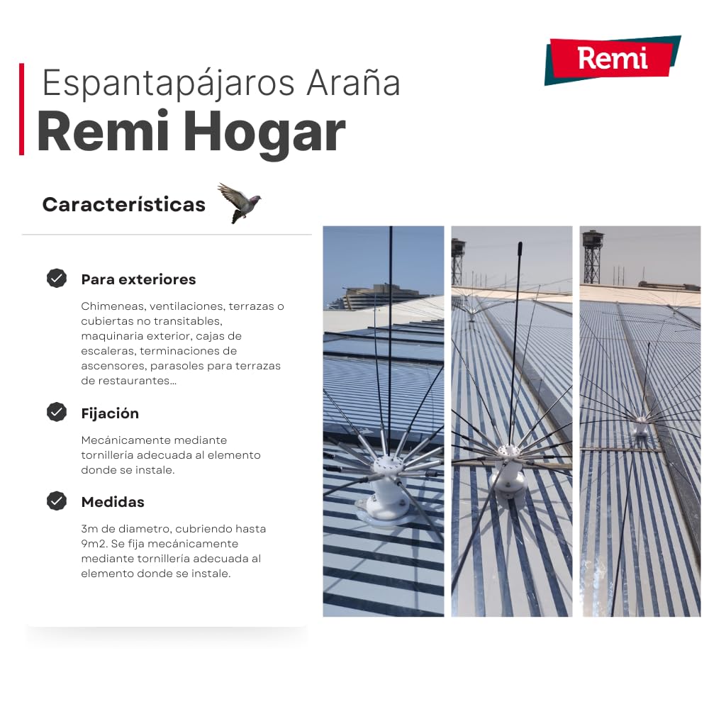 Remi Hogar Eolo Araña Espantapájaros | Disuasor Giratorio de Aves 3 m | Protección Eficaz para Terrazas, Cubiertas y Chimeneas | Antiposado Durable y Fácil de Instalar