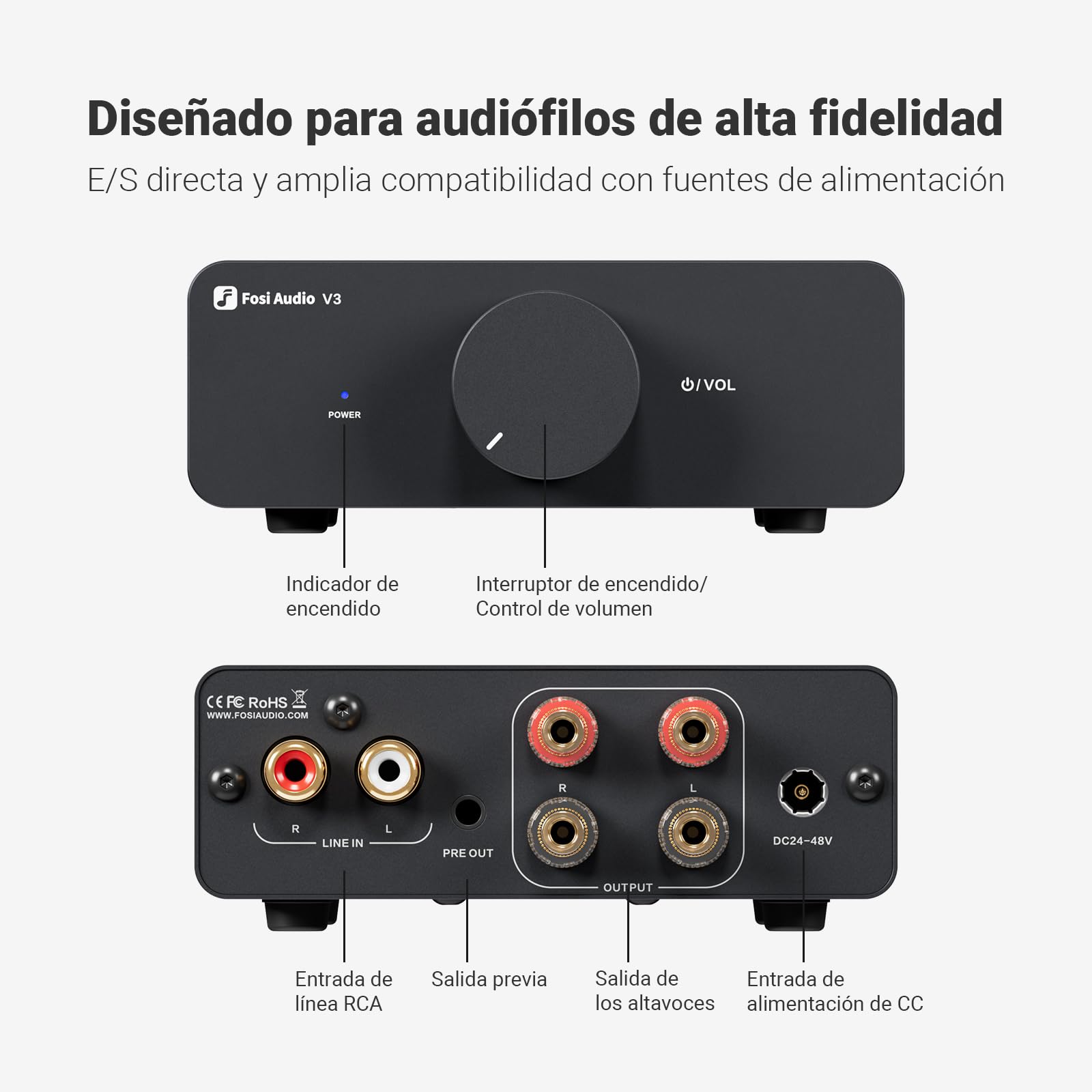 Fosi Audio V3 Amplificador estéreo Home Audio 300 Watts x2 Power TPA3255 Class D Mini 2 Channel Amp para estantería pasiva Altavoces de Torre Desktop Home Theater con Fuente de alimentación de 32V