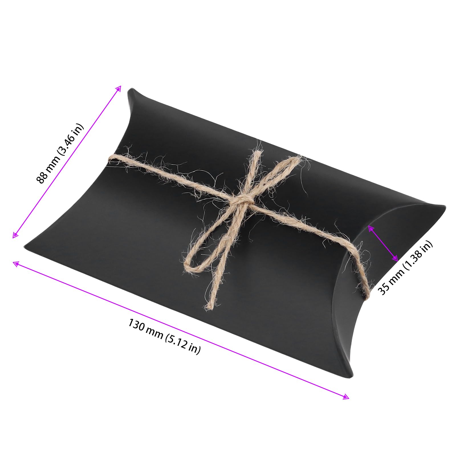 KEILEOHO 150 sztuk pudełek na poduszki, papier typu kraft, czarne, ze sznurkiem jutowym, 13 x 8,8 x 3,5 cm, małe poduszki, pudełka prezentowe na wesele, urodziny, festiwal, imprezę