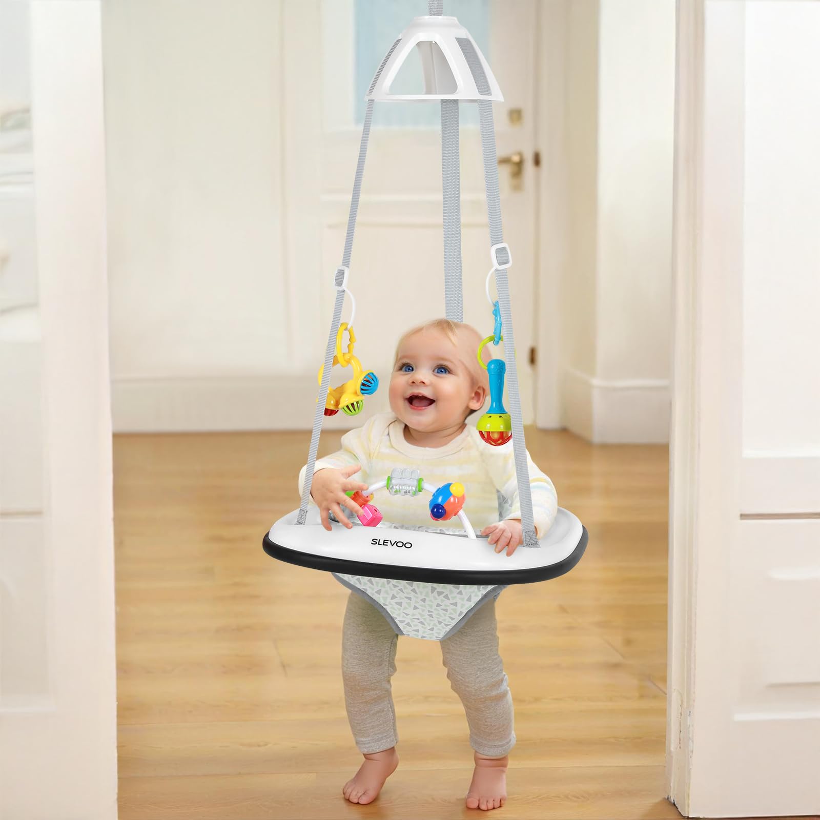 Slevoo Baby Jumper, Baby Door Jumper with Bumper, Play Tray and Two Jingle Rattles