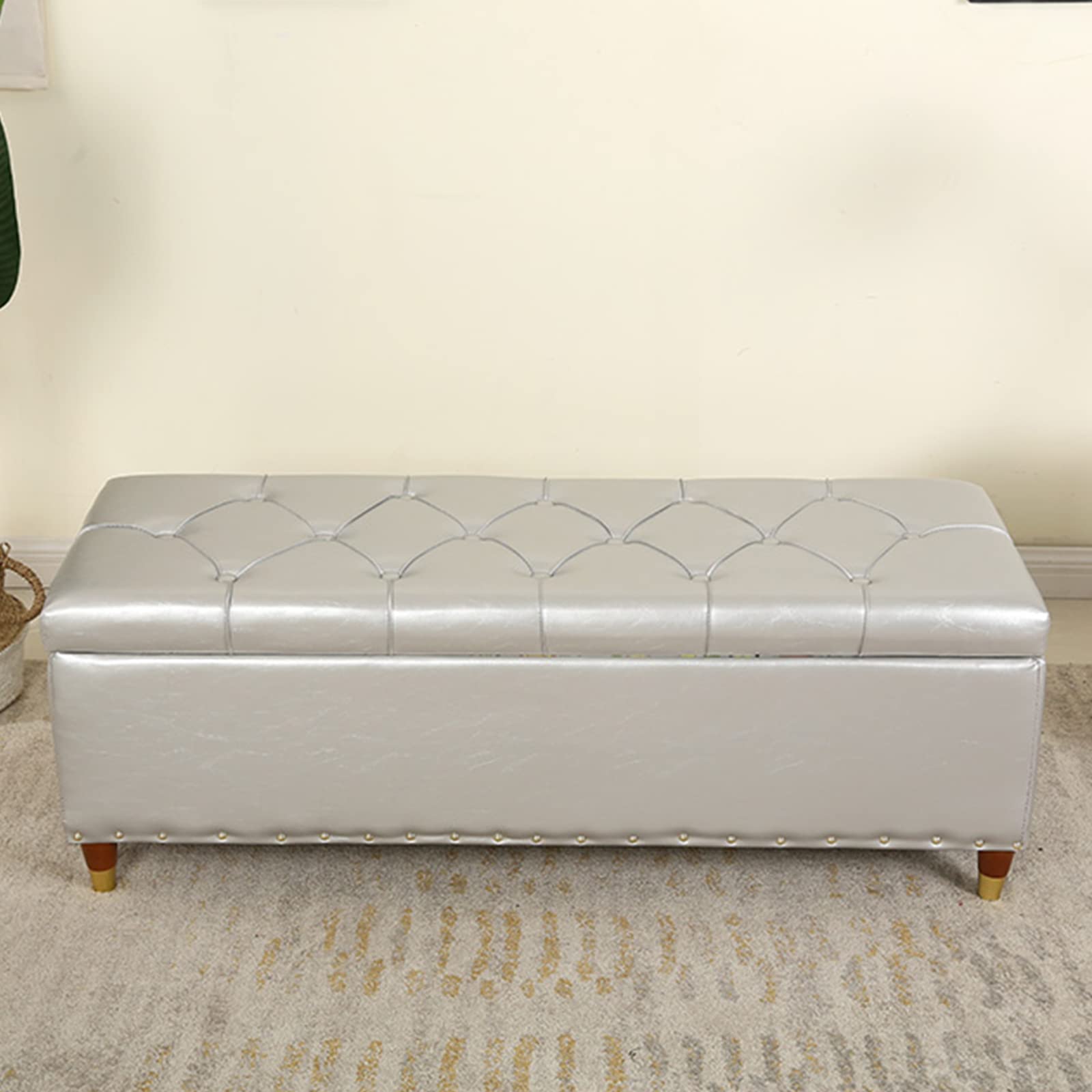 Banc de rangement en cuir capitonné argenté 80x40x45cm pour entrée et chambre