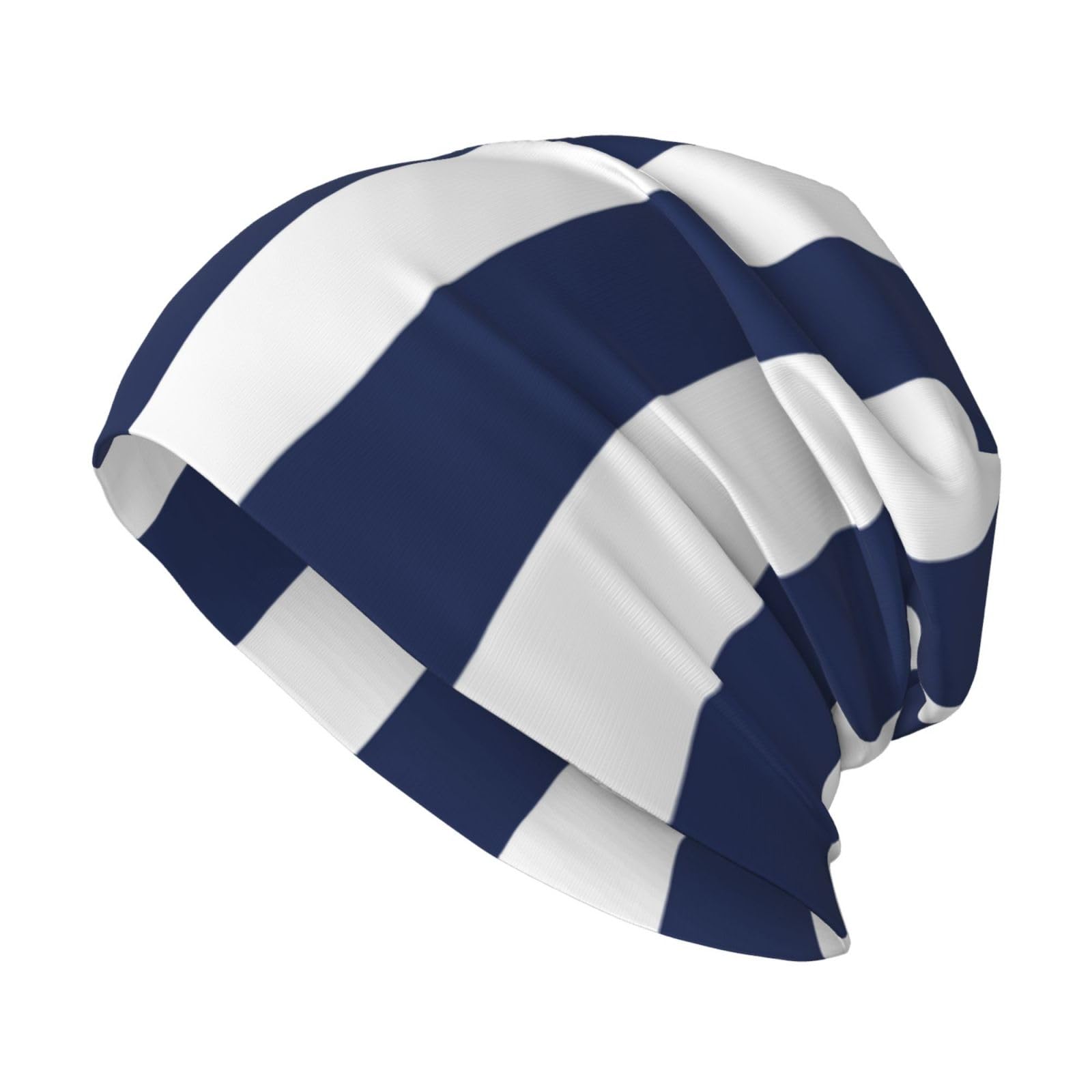 Poadnly Unisex As Picture Midnight Blue And White Striped,Skull Cap Knitted Hat Polyester Balaclava Slouchy Beanie Hat Running Hat