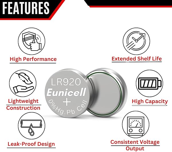 Pack of 10 - LR920/AG6 Eunicell 1.5V Button Coin Cell Alkaline Batteries - Suitable for use in LED lights, Digital Voice Recorders, Toys, Blood Glucose, Cholesterol Testing, Meters, Toys - 3