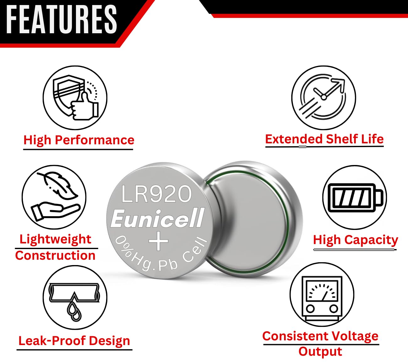Pack of 10 - LR920/AG6 Eunicell 1.5V Button Coin Cell Alkaline Batteries - Suitable for use in LED lights, Digital Voice Recorders, Toys, Blood Glucose, Cholesterol Testing, Meters, Toys - 4