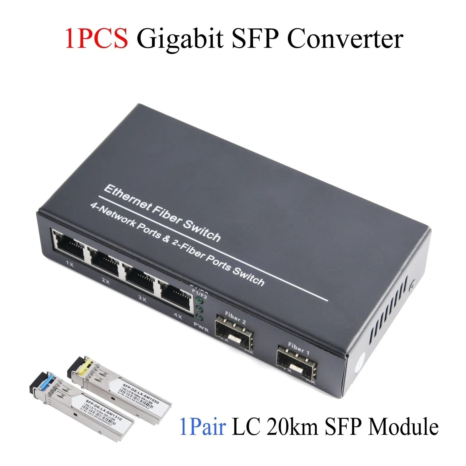 1PCS Gigabit SF-P Media Converter 2 SF-P A 4 RJ45 Ricetrasmettitore 10/100/1000M Switch in Fibra Ottica con 3KM/20KM LC/SC SF-P Modulo (Size : LC Module Kit2)
