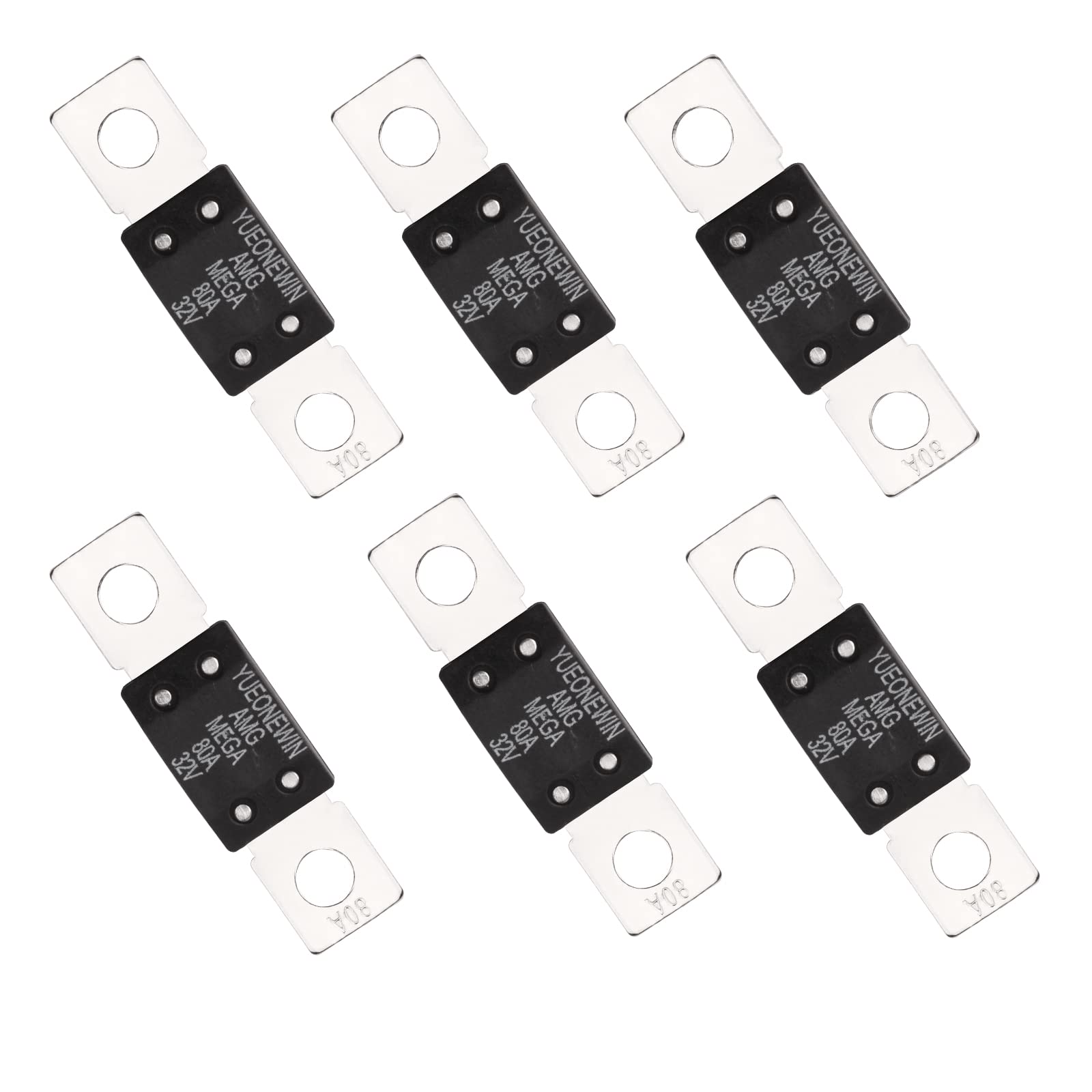 Mega/Amg 80A High Current Fuses - 6 Pcs Bolt Down Auto Fuse Time Delay for Cars, Trucks, Construction Vehicles, Buses, Caravans, Marine (32V)