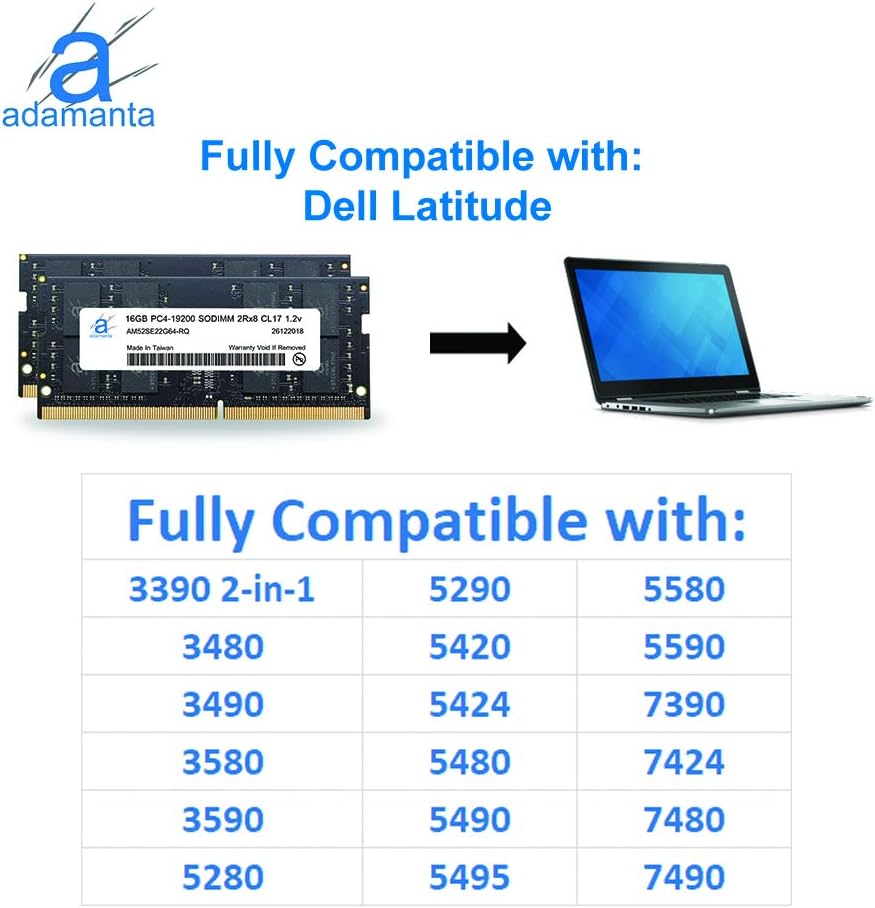 Adamanta 32GB (2x16GB) Laptop Memory Upgrade Compatible for Dell Alienware, Inspiron, Latitude, Optiplex, Precision, Vostro & XPS DDR4 2400Mhz PC4-19200 SODIMM 2Rx8 CL17 1.2v RAM P/N: SNP821PJC/16G