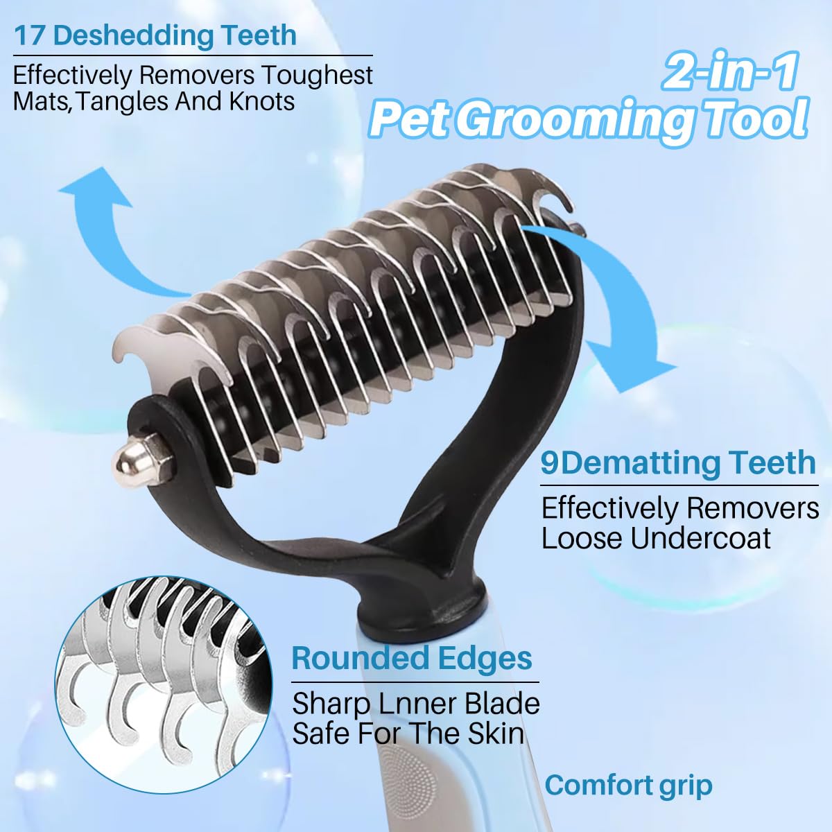 Pet Grooming Brush,Pet hair Removal Tool,Dematting and Deshedding Brush for Dogs or Cats,Double Sided Hair Shedding Comb,Pet Brush and Knotting Comb (Blue)