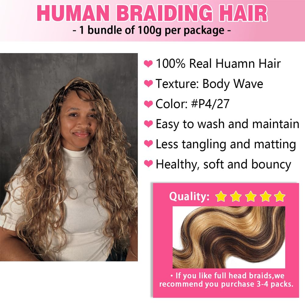 Human Braiding Hair for Boho Braids 1 Bundle 100g P4/27 Highlight Ombre Body Wave Bulk Human Hair Wave Honey Blonde Human Hair Extensions No Weft (24 Inch)