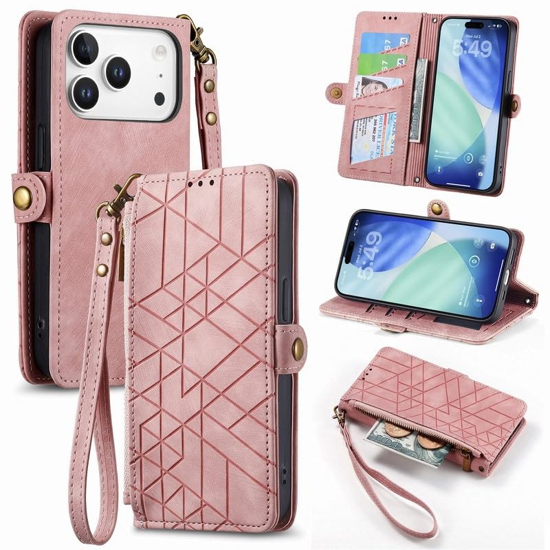 Étui portefeuille iPhone 14 rose pour ranger cartes et monnaie