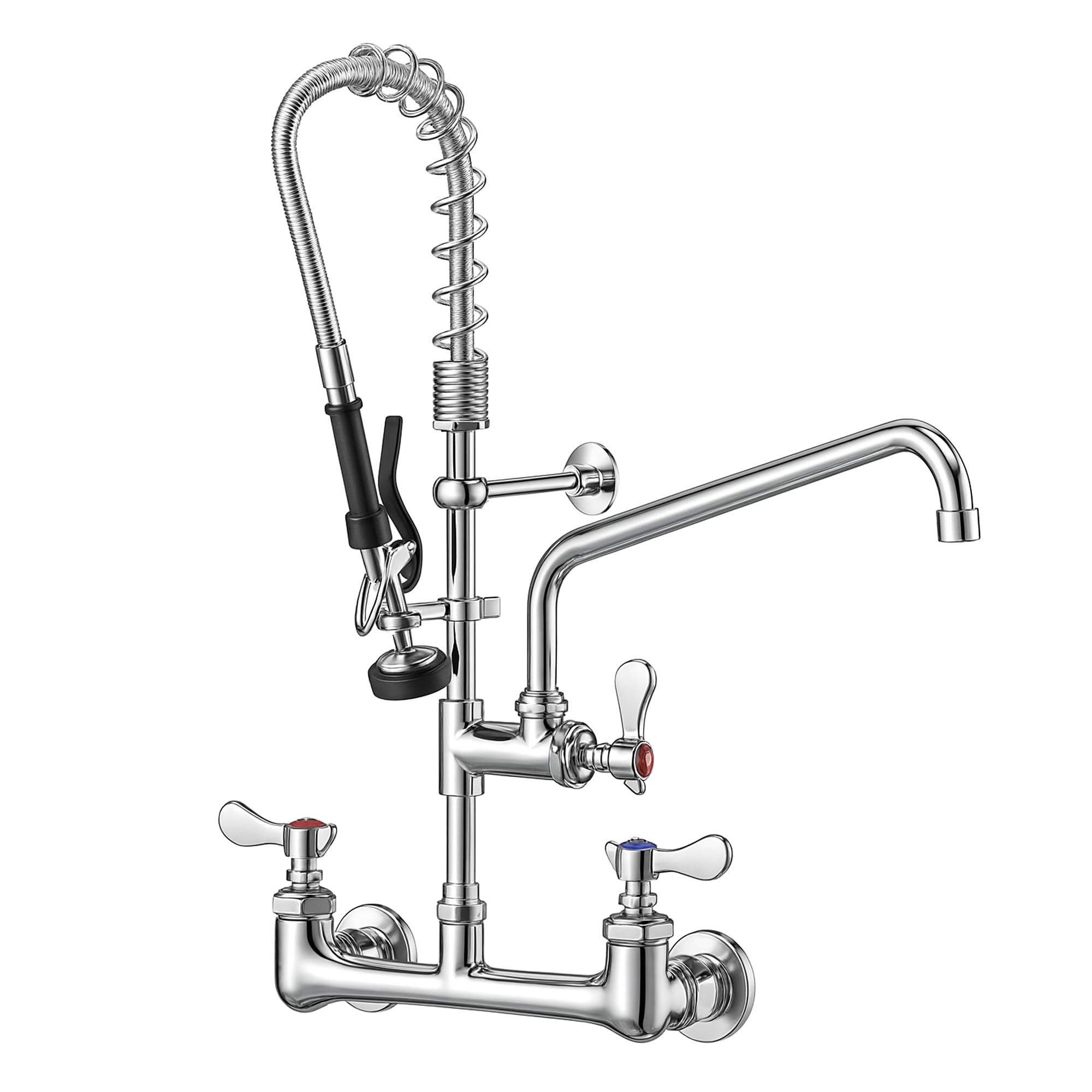 NETISR Commercial Faucet with Sprayer, Brass Chrome Wall Mount Restaurant Kitchen Sink Faucet 25" Height 8" Center with Coilded Spring Pull Down Pre