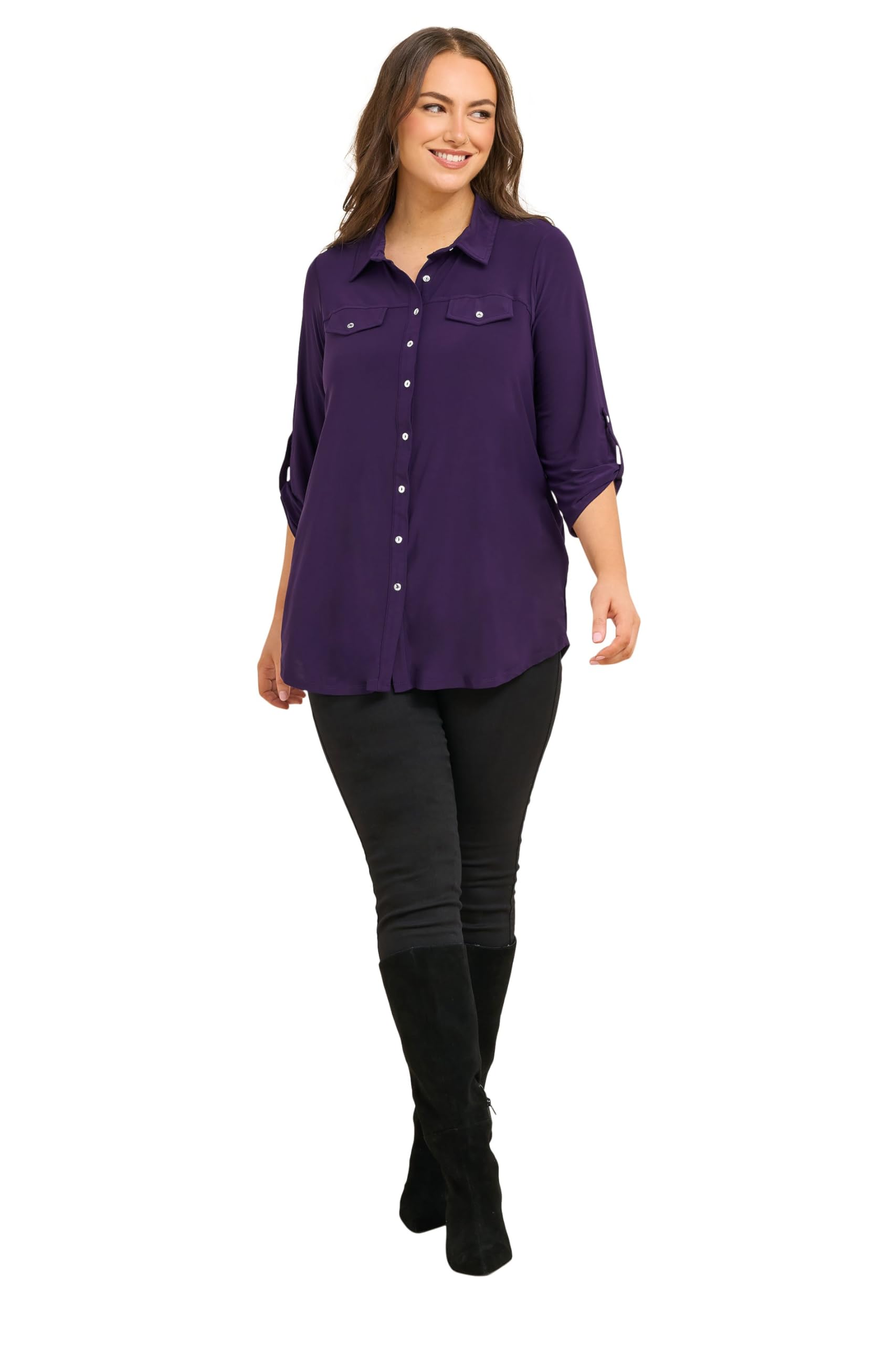Evans Women's Purple Curve Tab Sleeve Blouse - Plus Size Curve