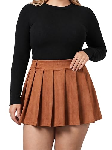 Moon Wood Women's Plus Size Suede Pleated Mini Skort with Pockets | Super Soft, High Waist, Belt Loop, , Fall, Winter, Everyday Wear, Festival, Party, Work, Concert, Rodeo - 3X-Large Plus - Brown