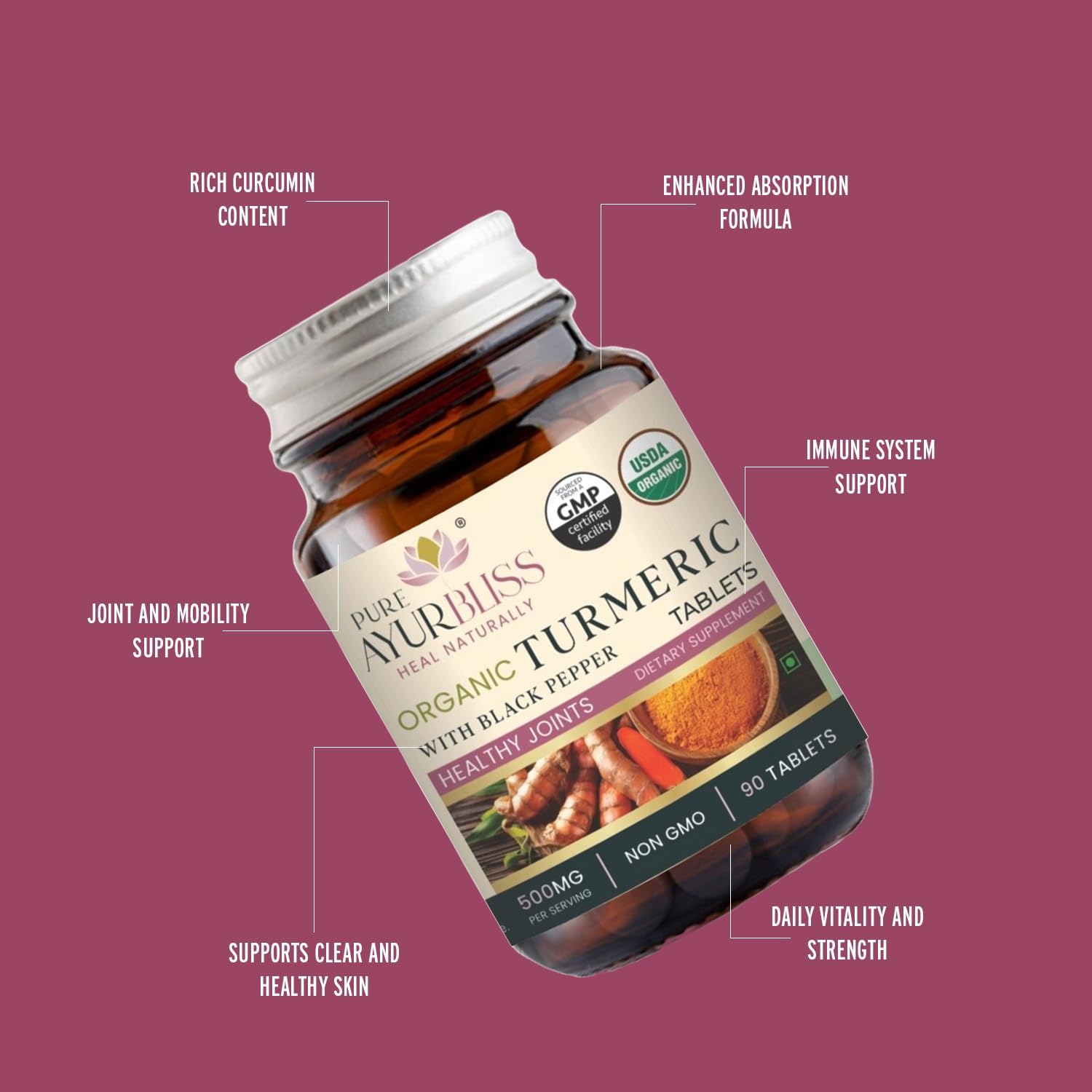 Organic Turmeric Tablets with Black Pepper, Botanical Blend for Daily Balance and Vitality with Curcumin for Joint Health, Immune Support & Gut Health, Ayurvedic Wellness Formula