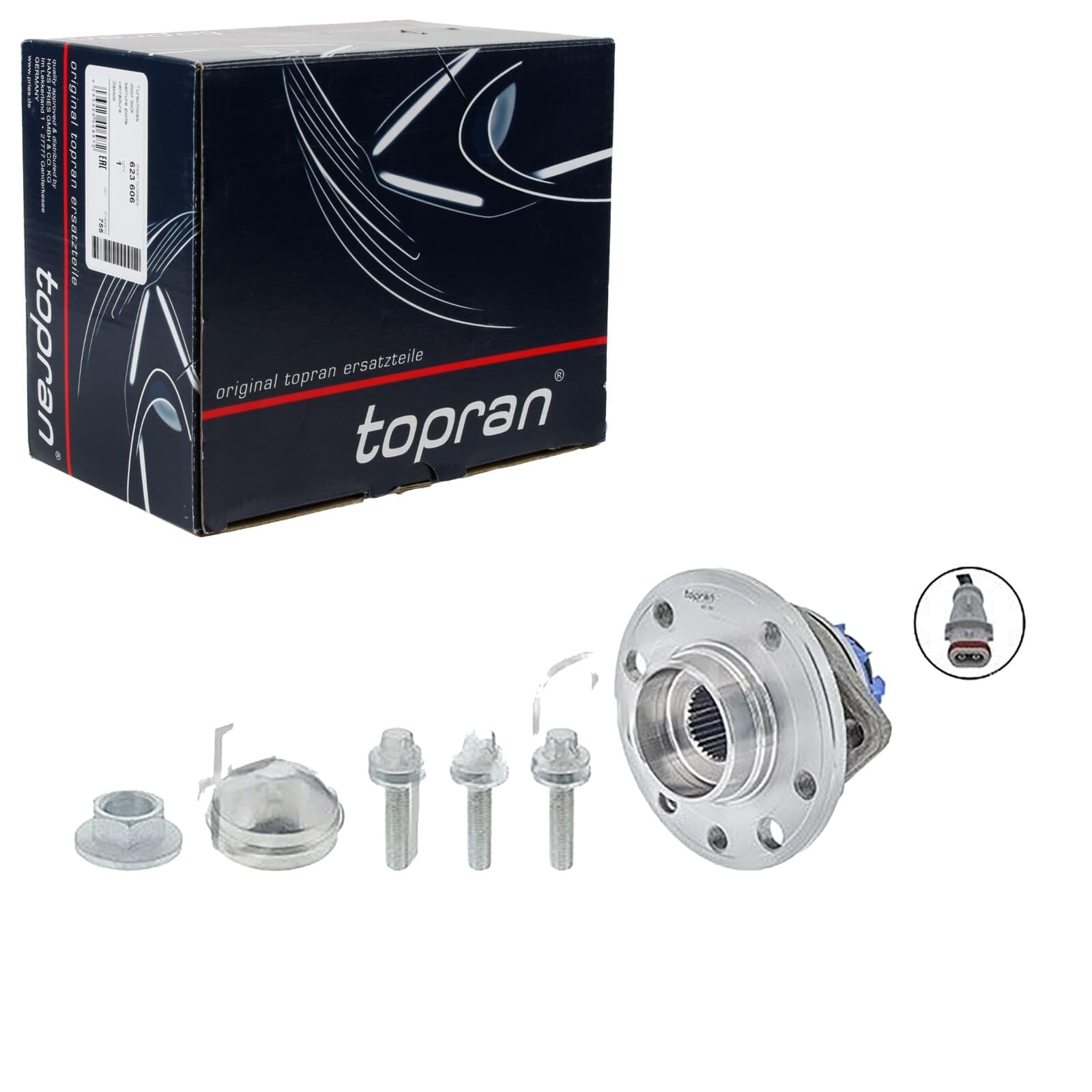 TOPRAN 207 392 Cubo de rueda Rodamiento integrado en buje de rueda con cubierta grasa con tuerca con tornillos con sensor incorporado rpm rueda Delantero Izquierda Delantero Derecha