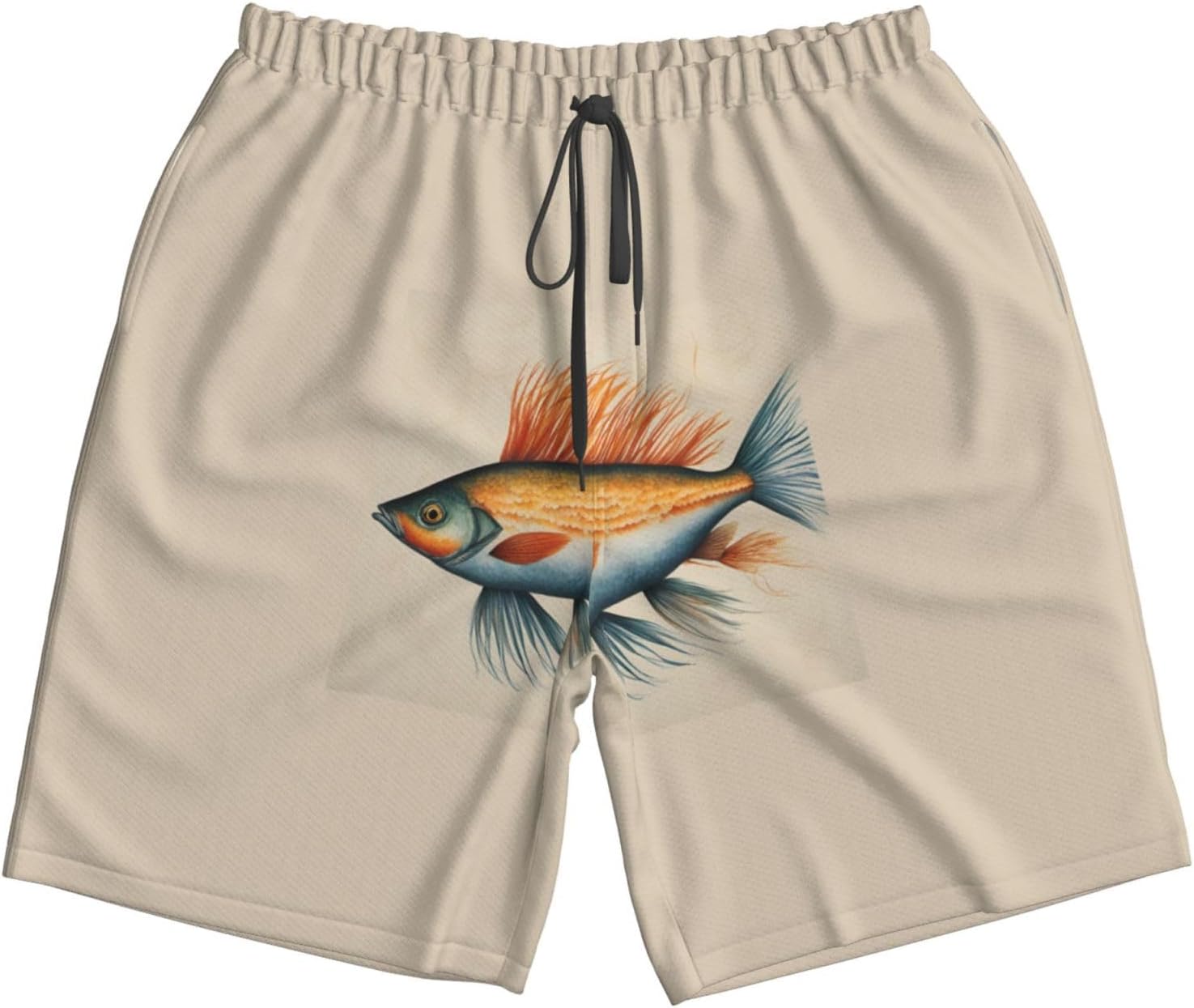 Safflower Flying Fish Print Men's Quick-Drying Shorts Casual Beach Pants Stretch Waist Shorts and Pockets
