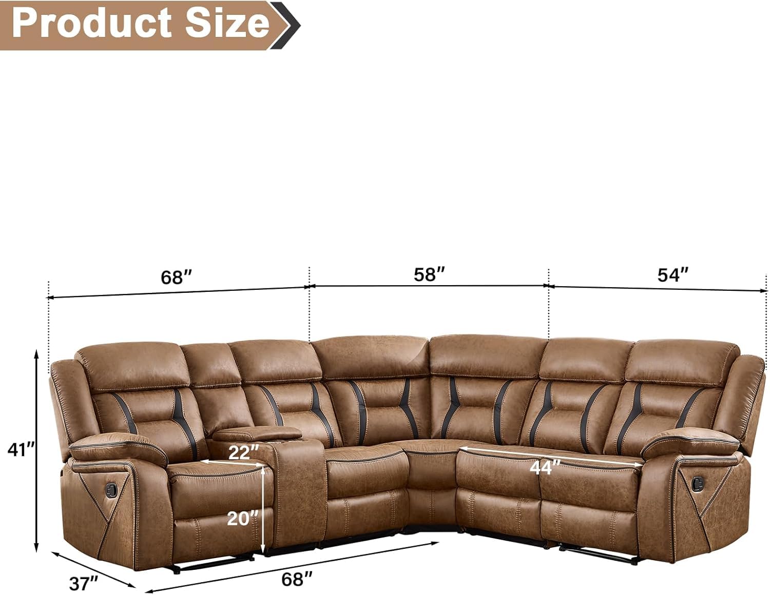 EBELLO Faux Leather Reclining Sectional Sofa Set for Living Room, 1 Recliner Chair and L-Shaped Reclining Couches Home Furniture Set with Center Console, Hidden Cup Holders and Storage, Brown view 2