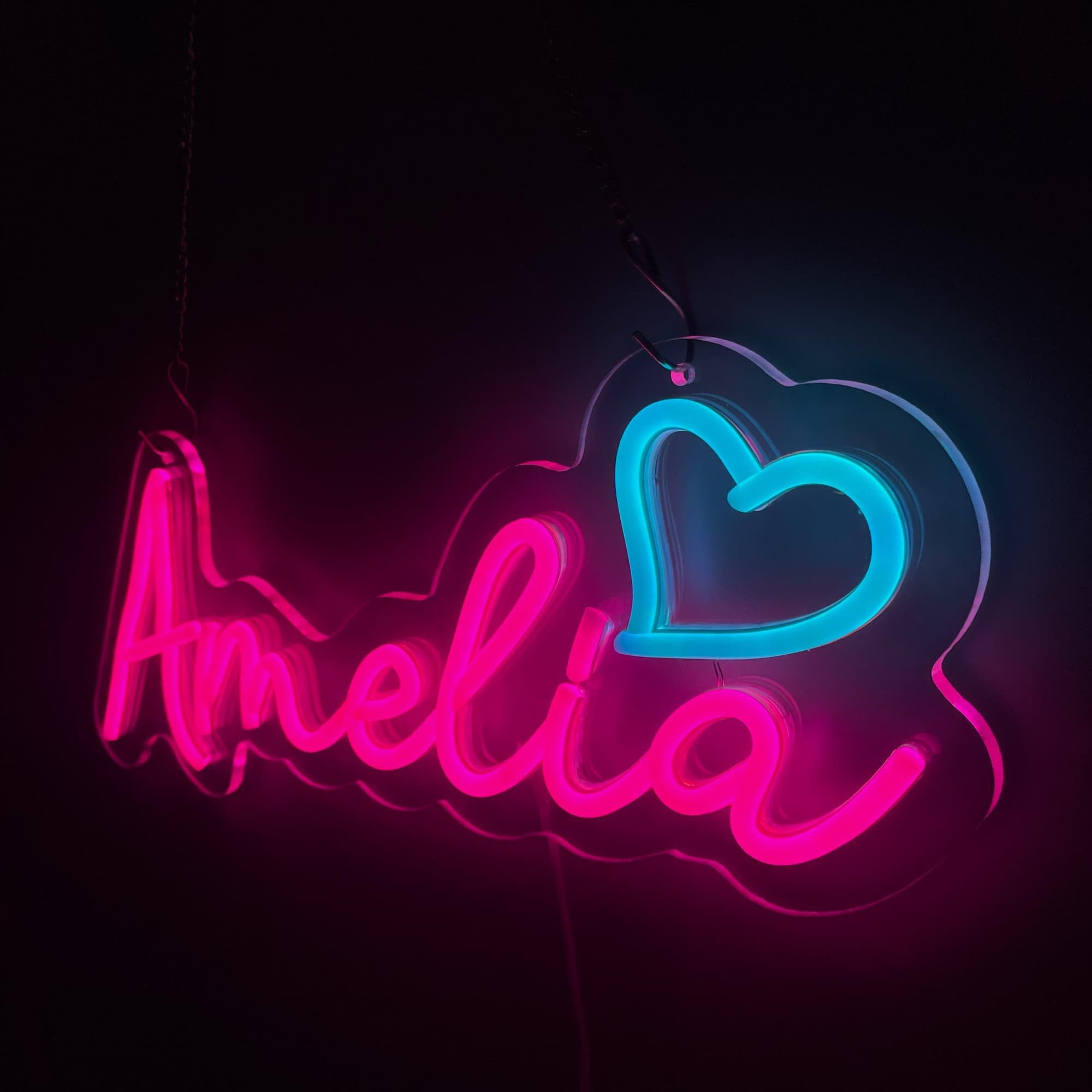 Amelia neonowa tabliczka z imieniem, neonowa lampka Amelia, lampka nocna LED, do sypialni, dekoracja ścienna w akademiku i prezenty, regulowana jasność, zasilanie przez USB (Amelia - różowa)