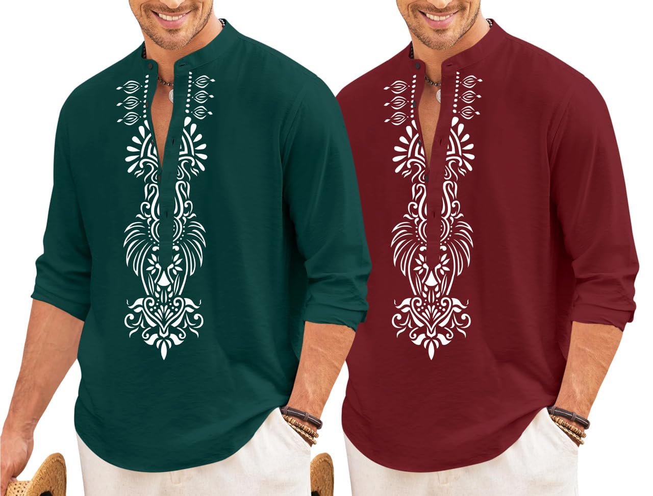 Men’s Combo of Cotton Blend Short Kurta with Stylish Varmala Printed Design | Mandarin Collar | Comfortable Regular Fit | Ideal for Festive, Casual (Pack of 2) Green-Maroon-picture-28