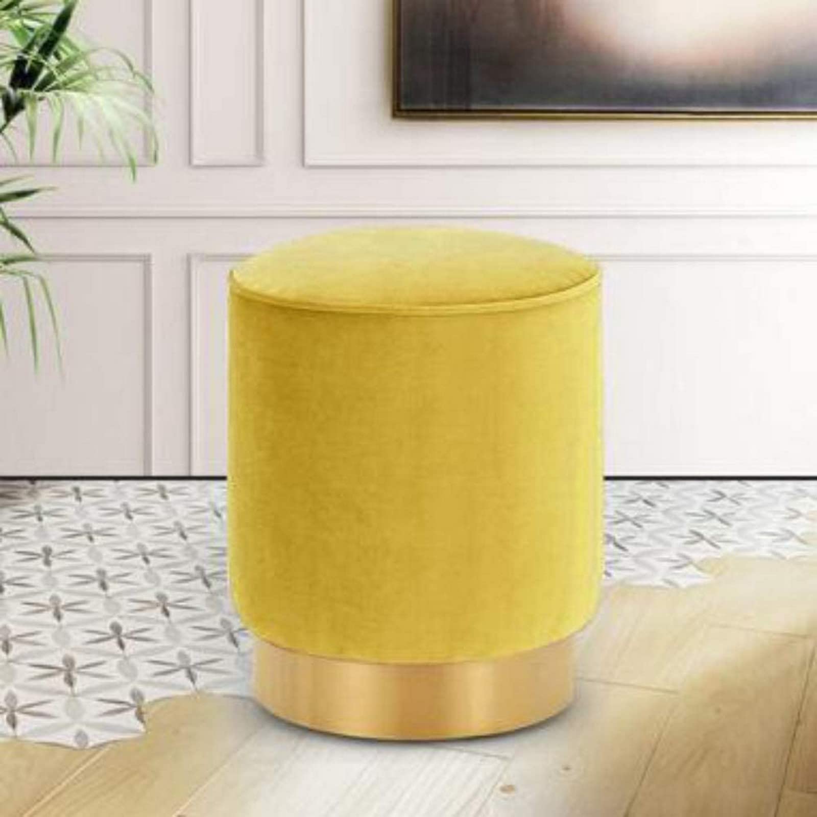 Pouf Tabouret de Pied Rond en Tissu Jaune et Métal pour Salon