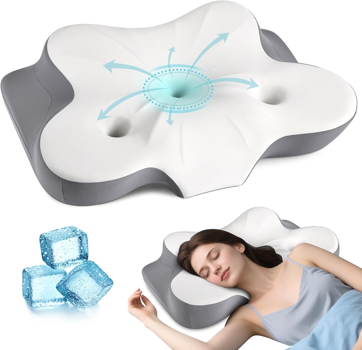 Cervical Neck Pillow for Pain Relief- Ergonomic Memory Foam Pillows for Sleeping, Dual Ear Relief Zone Contour Pillow, Neck Support Pillows for Side Back &Stomach Sleeper (White)