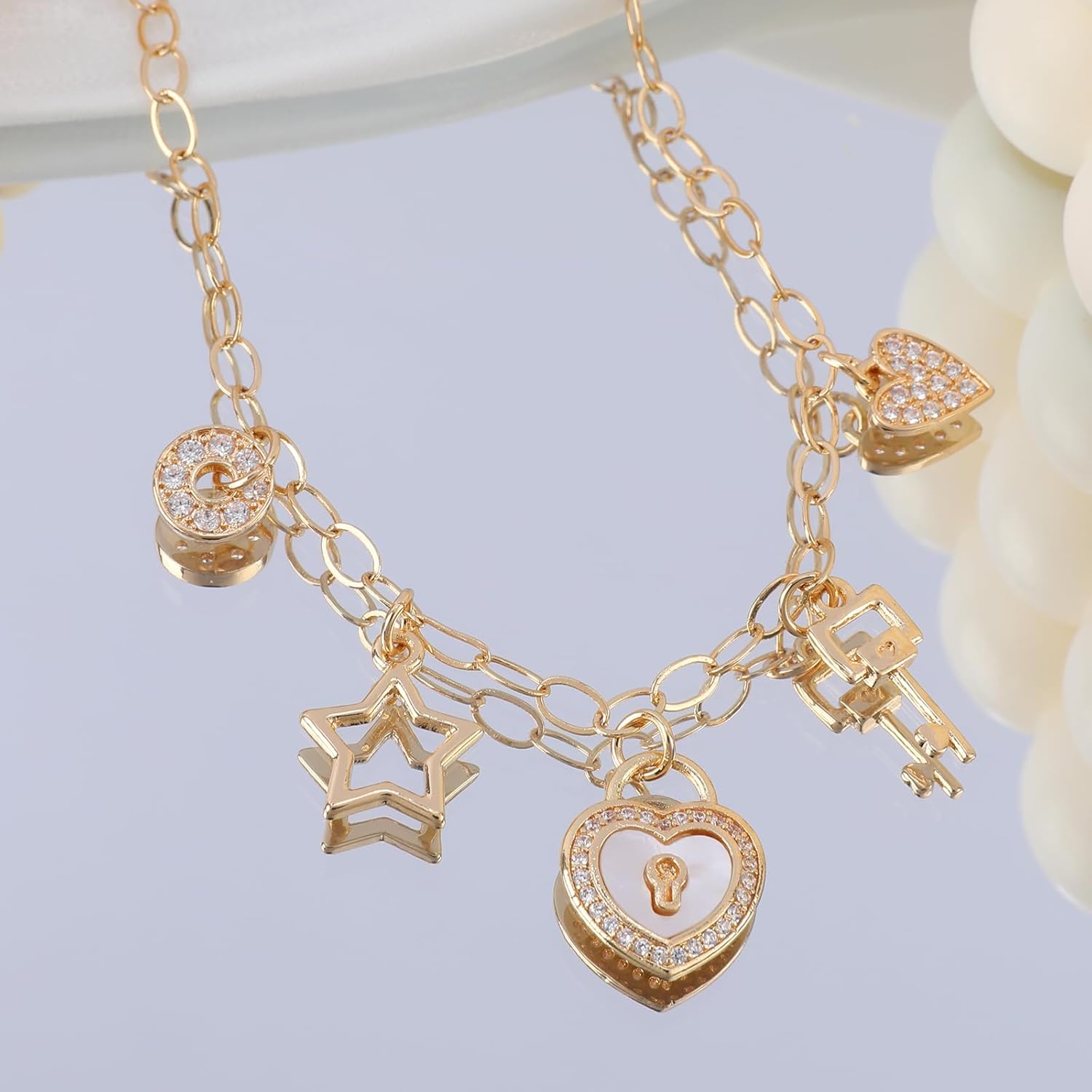 Gold Charm Necklace for Women Gold Plated Chain Pendant Necklace with Cute Dangle CZ Love Heat Lock Key Star Clover Cross Pendant Adjustable Trendy Y2K Party Jewelry Gift for Teen - Image 3