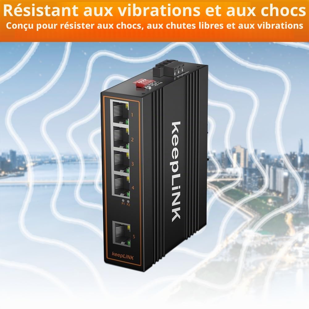 Commutateur PoE pour réseau Industriel Non géré 5 Ports, DIN Rail Mount Fast Ethernet 125 W, température opérationnelle IP40 -30° à 75°C (-22° à 167°F)