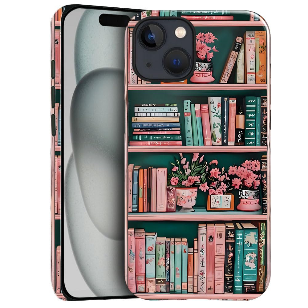 Case for iPhone 14,Anti-Scratch Glossy Case Cover,Pink Floral Bookshelf Aesthetic