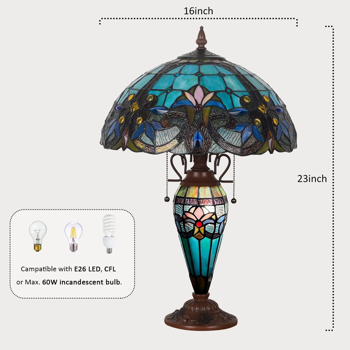 Tiffany Table Lamp with NightLight,16 inch Green Large Stained Glass Table Light,Antique Style 3-Lights Desk Lamp for Living Room Bedroom Office