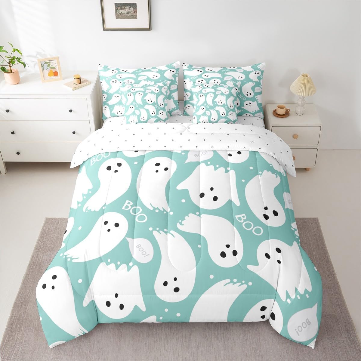 Feelyou Kids Teal Ghost Comforter Set Queen Size 7 Pieces Comforters Cute Halloween Bedding Set Trick or Treat Bed Set Bed in a Bag with Comforter, Sheets, Pillowcases & Cushion Covers