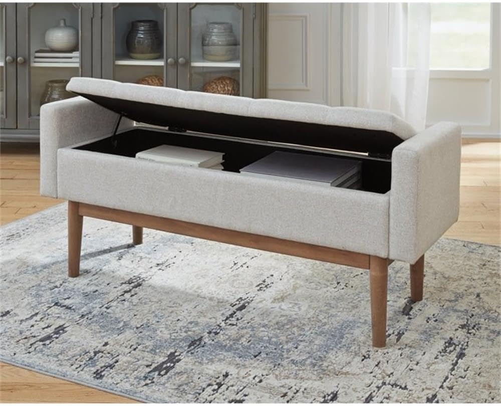 BOWERY HILL Contemporary Storage Bench, Beige Upholstered Tufted Seat, 50" W x 21.75" H x 17.75" D, Hinged Cushion with Light Brown Wood Legs, Modern Living Room Seating and Storage