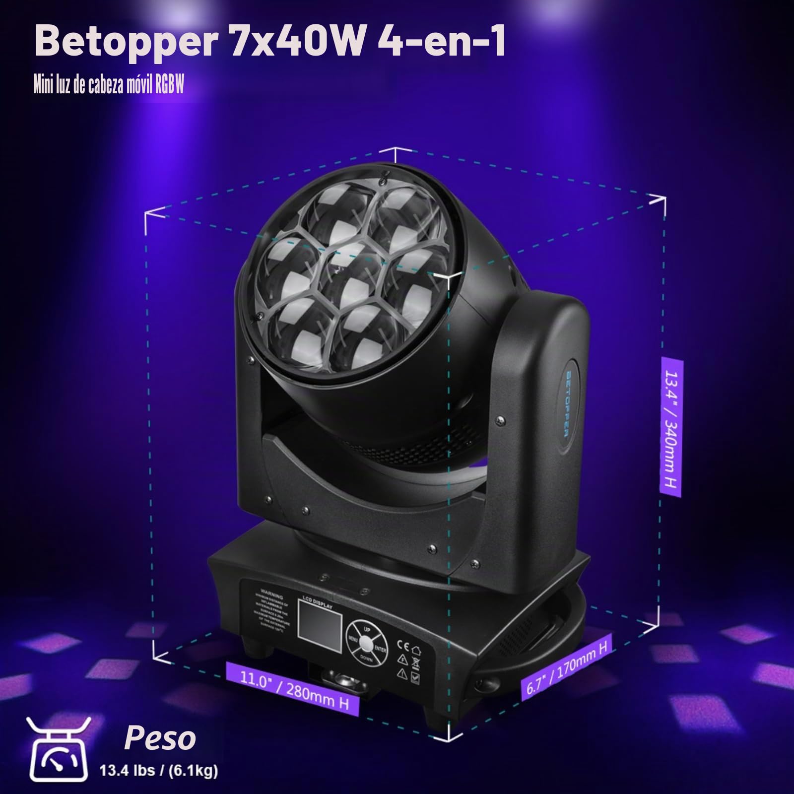 BETOPPER Cabezas móviles 350 W luces discoteca,Moving Head LED 7x40W RGBW Beam/Wash/Zoom/CTO efecto Bee Eye–Luces Spot para iluminación de escenario con activación sonora para fiestas, clubes,2 PCS