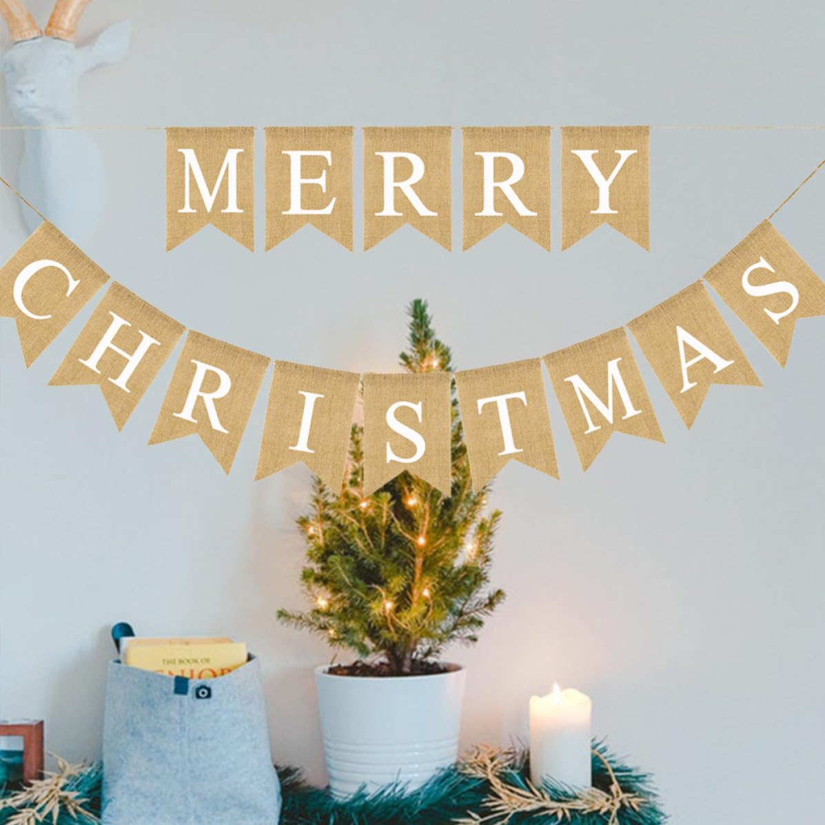 Pancarta Navideña de Lino Banderín de Arpillera Letras de Feliz Navidad Diseño Chic y Fácil de Colgar para Decoración Interior y Fiestas