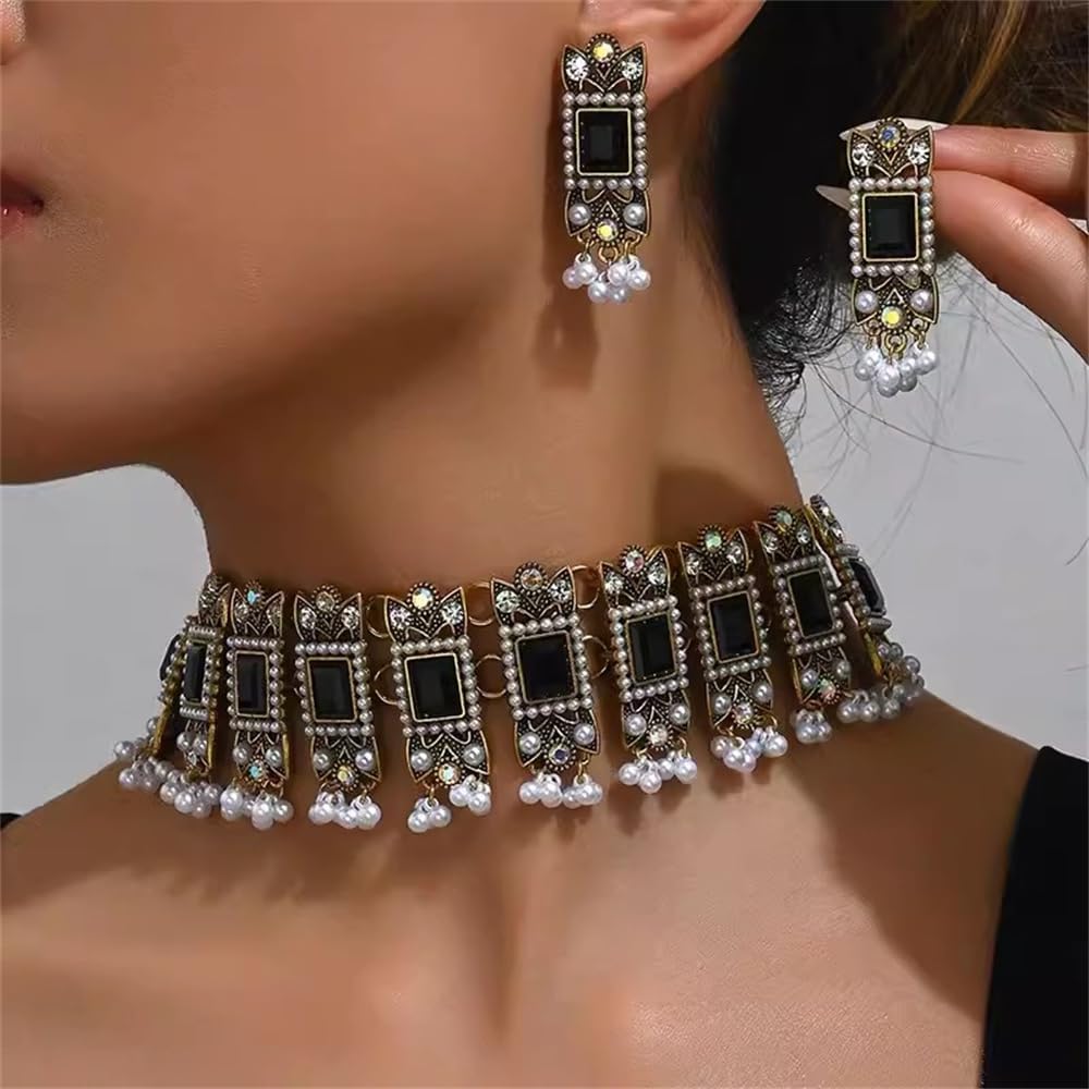 Vintage Rhinestone Indian Jewellery Set for Women Boho Punk Choker Necklace Tassels Pearl Bead Dangle Earring Crystal Wedding Prom Gemstone Traditional Bollywood Ethnic Charms Gift for Mom Xmas - Image 2