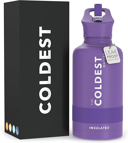 Coldest - Botella de agua deportiva con tapa con popote y asa, a prueba de fugas, acero inoxidable con aislamiento al vacío de doble pared, metal,