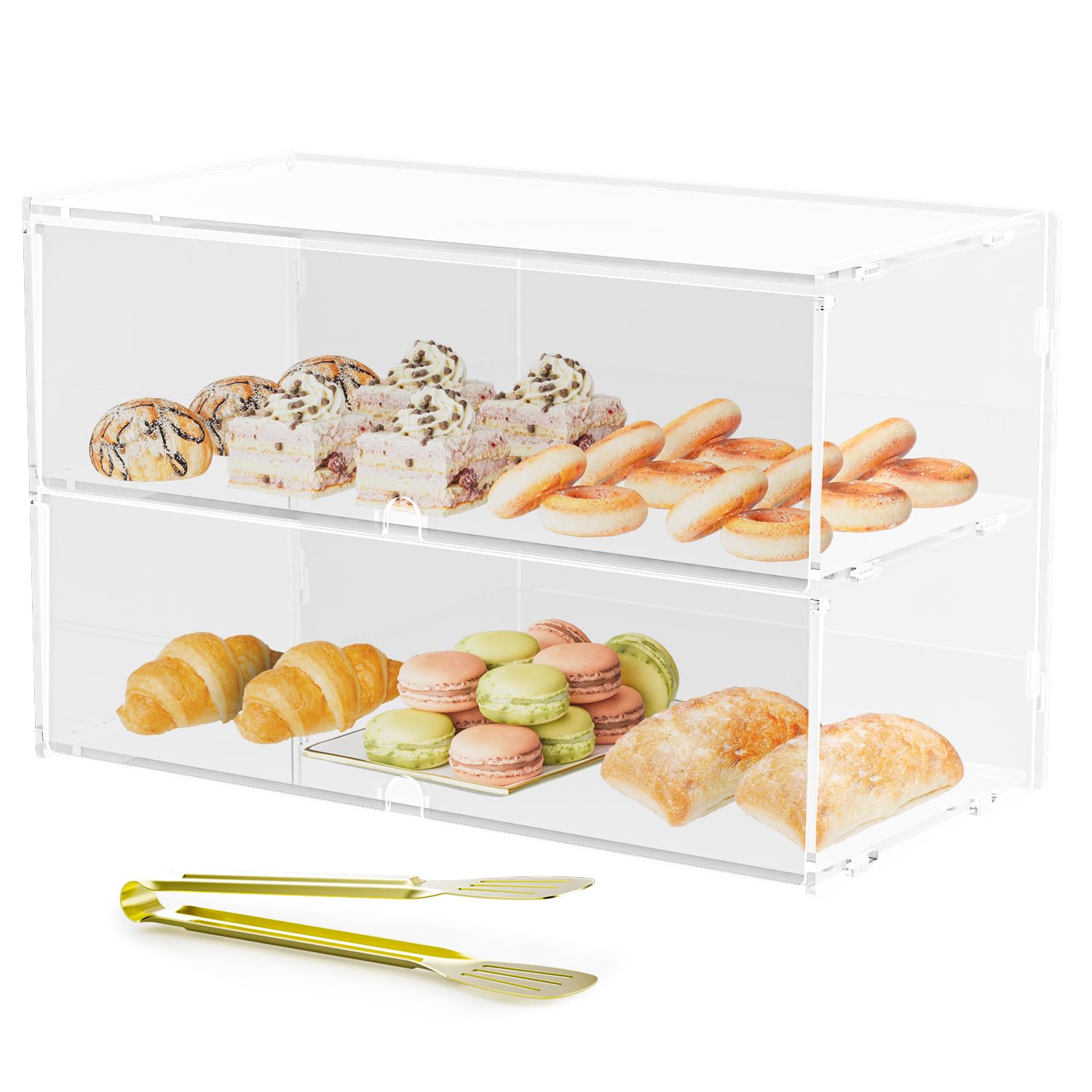 2-Tiers Bakery Display Case for Commercial Countertop, 18.9" x 9.5" x 11.8" Acrylic Pastry Display Case Storage Box for Dessert Donut Bread Cake Cupcake Bagels Cookie