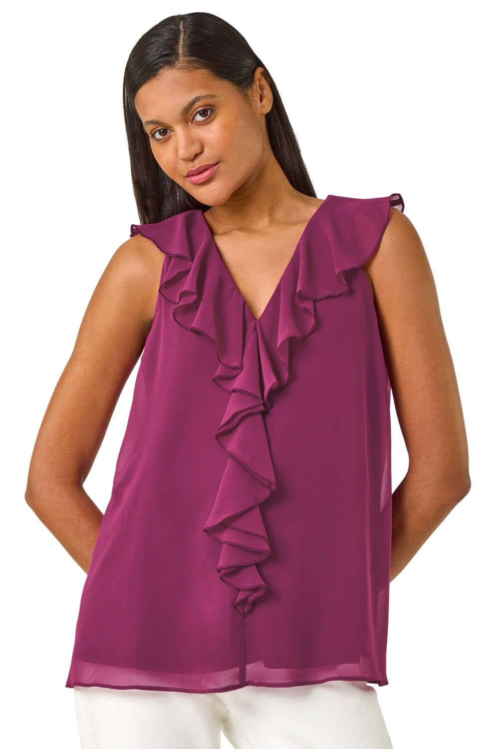 Roman Originals Women's Magenta Frill Front Vest Top Ruffle Blouse Summer Spring Special Occasion Evening Holiday Cruise Cocktail Party Short Long Sleeve Sleeveless V-Neck - Size 18