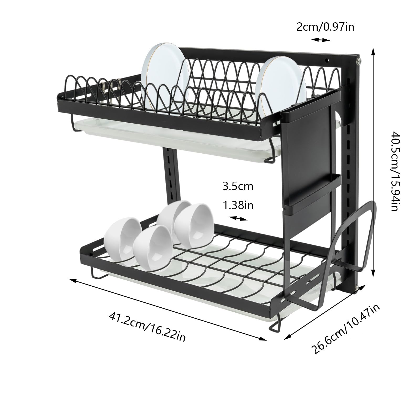 Escurreplatos de 2 niveles, soporte para vajilla, soporte para platos, soporte para platos, soporte para vajilla, estante de pared con organizador de utensilios