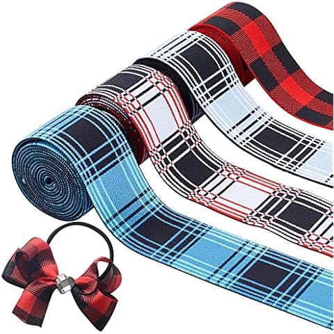 FINGERINSPIRE 7.3m 4 Farben Nähen Gummibänder Tartan Polyester Gummiband Flaches Gummiband 4cm Breit Aqua Blau/Blau/Dunkelrot/Weiß Gummiband Weicher Elastischer Besatz Cover