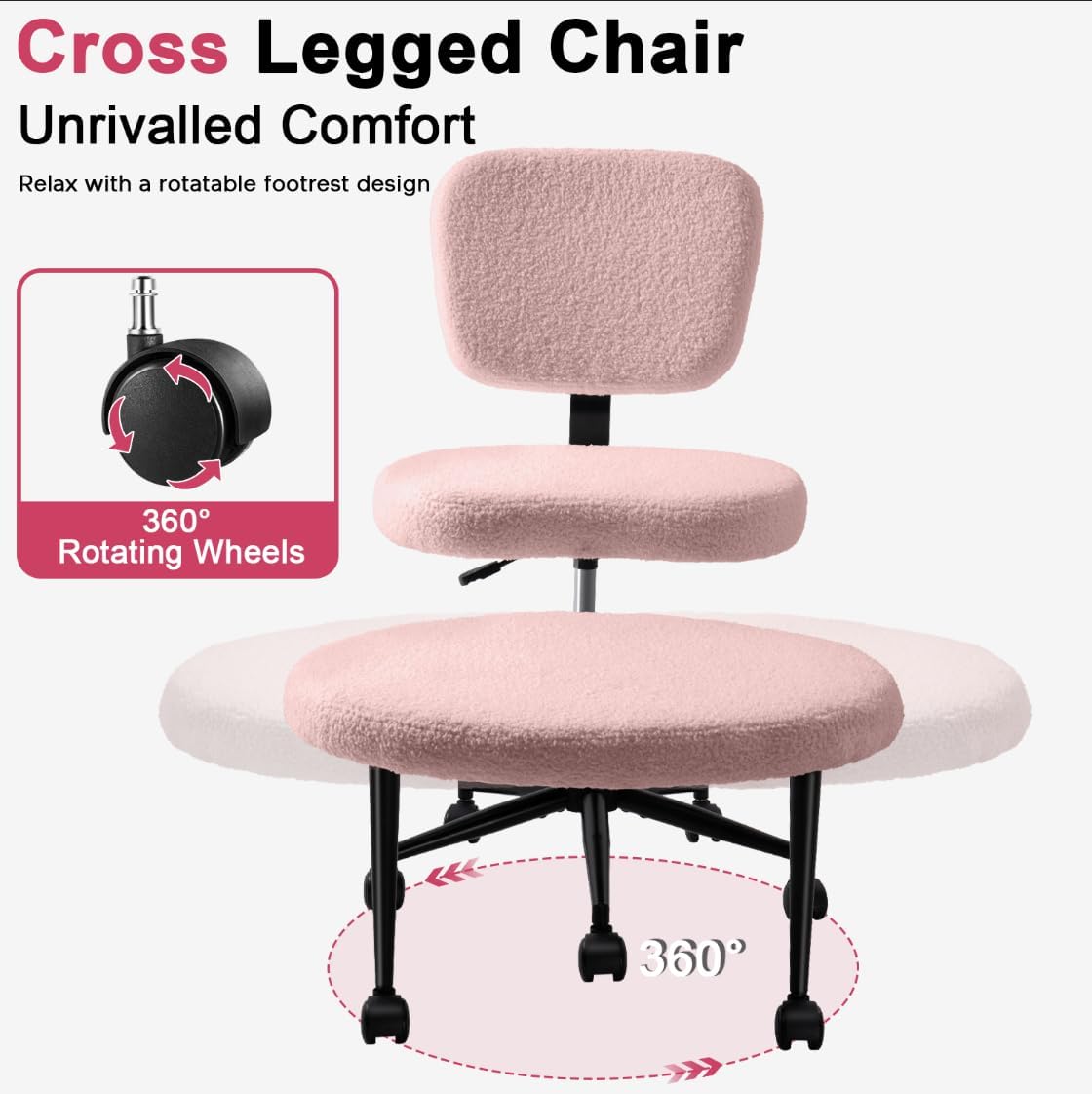 Waleaf Ergonomic Cross Legged Office Chair with Wheels, ADHD Chair for Adults, Meditation Chair, Yoga Office Chair (Pink)