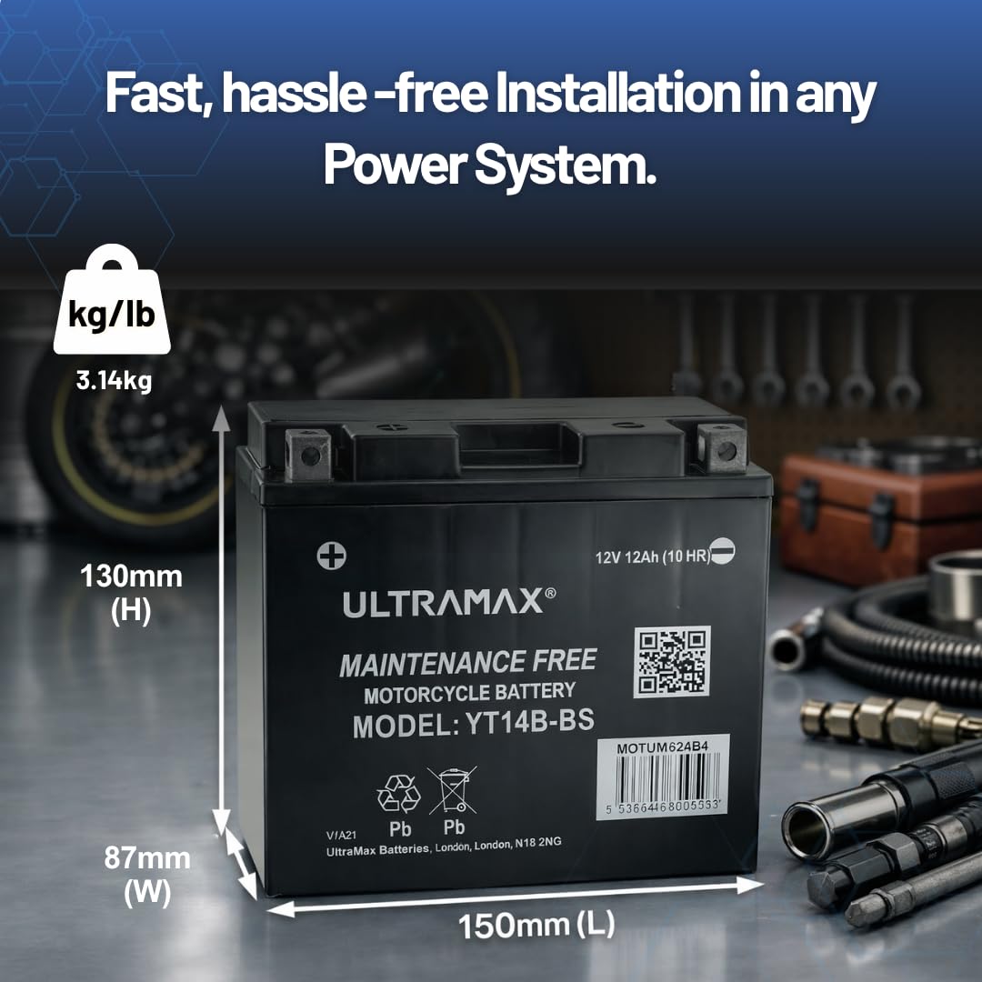 ULTRAMAX YT14B-BS AGM Motorcycle Battery (512 903 013) (YT14BBS) (YT14B-4) 12V 12Ah